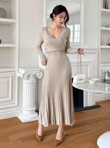 DAZY Women's Solid Color Pleated Hem Sweater Dress,Fall Women Clothes - Apricot - View 4