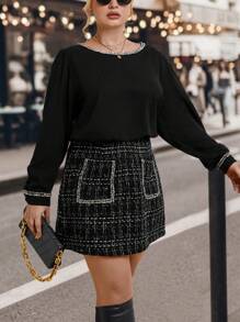 SHEIN Clasi Top con ribete en contraste y falda de tweed a cuadros - Blanco y Negro - Ver 2