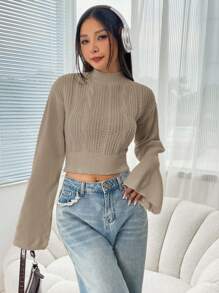 SHEIN EZwear Áo len dệt kim màu trơn cổ đứng tay loe cho nữ, áo dài tay - Màu Khaki - Xem 5