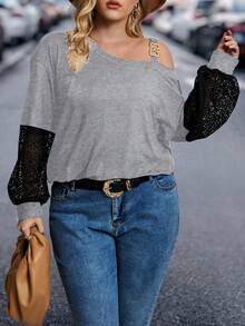 Flirla Women's Plus Size Lace T-Shirt With Chain And Asymmetrical Shoulder Design - Grey - View 4