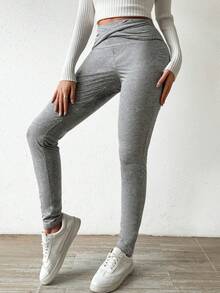 SHEIN Essnce Solid Thermal Lined Leggings - Grey - View 3