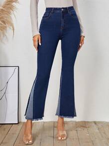 SHEIN Privé Quần Jeans Loe Phối Màu Có Viền Tua Rua - Rửa tối - Xem 4
