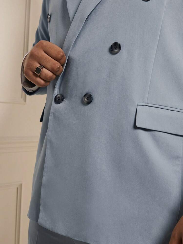 Plus Size Men's Solid Color Double-Breasted Woven Casual 2-Piece Suit Set