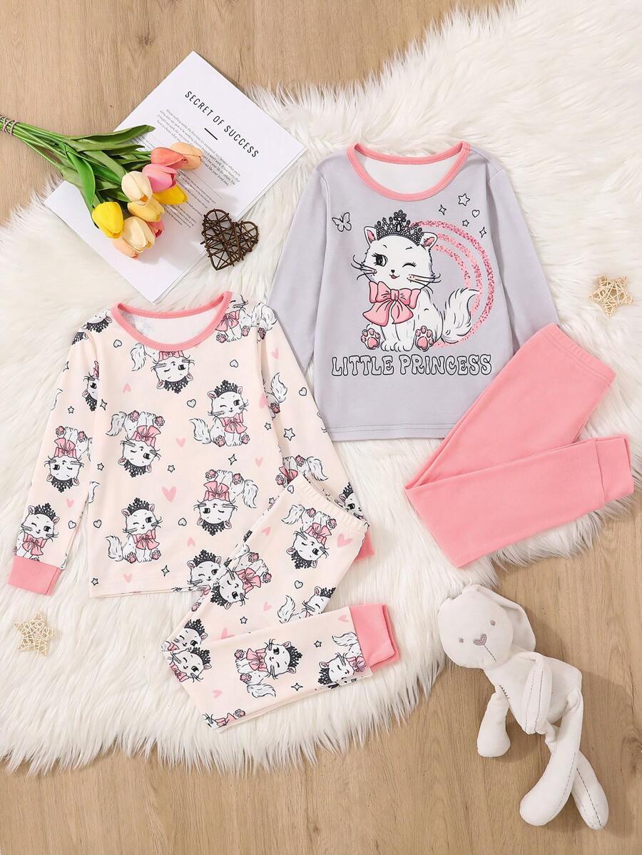 2 bộ Cô Gái Trẻ Mèo in Tay áo dài Phù hợp Vừa Khít Bộ đồ ngủ - Hồng - Xem 1