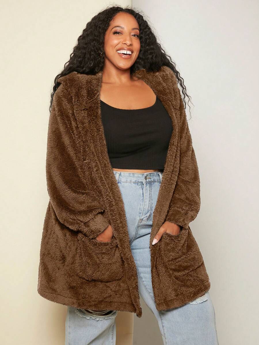 SHEIN CURVE+ Chaquetón Con Capucha De Talla Grande Con Peluche Y Bolsillos Dobles - Óxido marrón - Ver 1