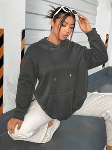 Flirla 加大码日月印花落肩抽绳卫衣 - 深灰色 - 查看 7