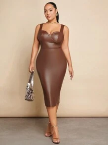 SHEIN BAE 大尺碼人造皮革修身束腰連衣裙 - 棕色 - 查看 5