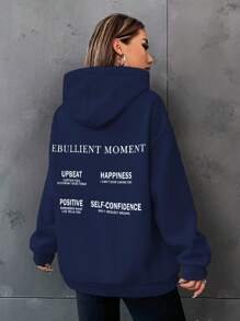 SHEIN Unity Loose Hoodie With Letter Printing And Drop-shoulder Design - Navy Blue - View 5