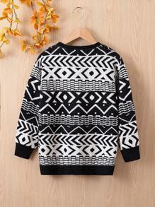 SHEIN Geometric Pattern Cardigan, For Tween Girls - Black and White - View 2