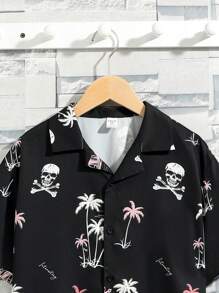 SHEIN 男童椰樹圖案印花折領寬鬆編織襯衫,適用於假期 - 黑色 - 查看 4