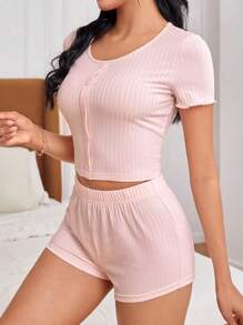 Solid Color Women's Short Sleeve And Shorts Homewear Set - Baby Pink - View 6