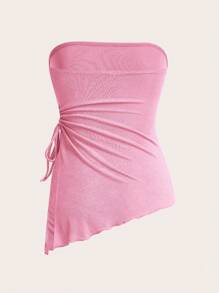 SHEIN EZwear Side Drawstring Strapless Gathering At Waist Hem Asymmetrical Top - Pink - View 2