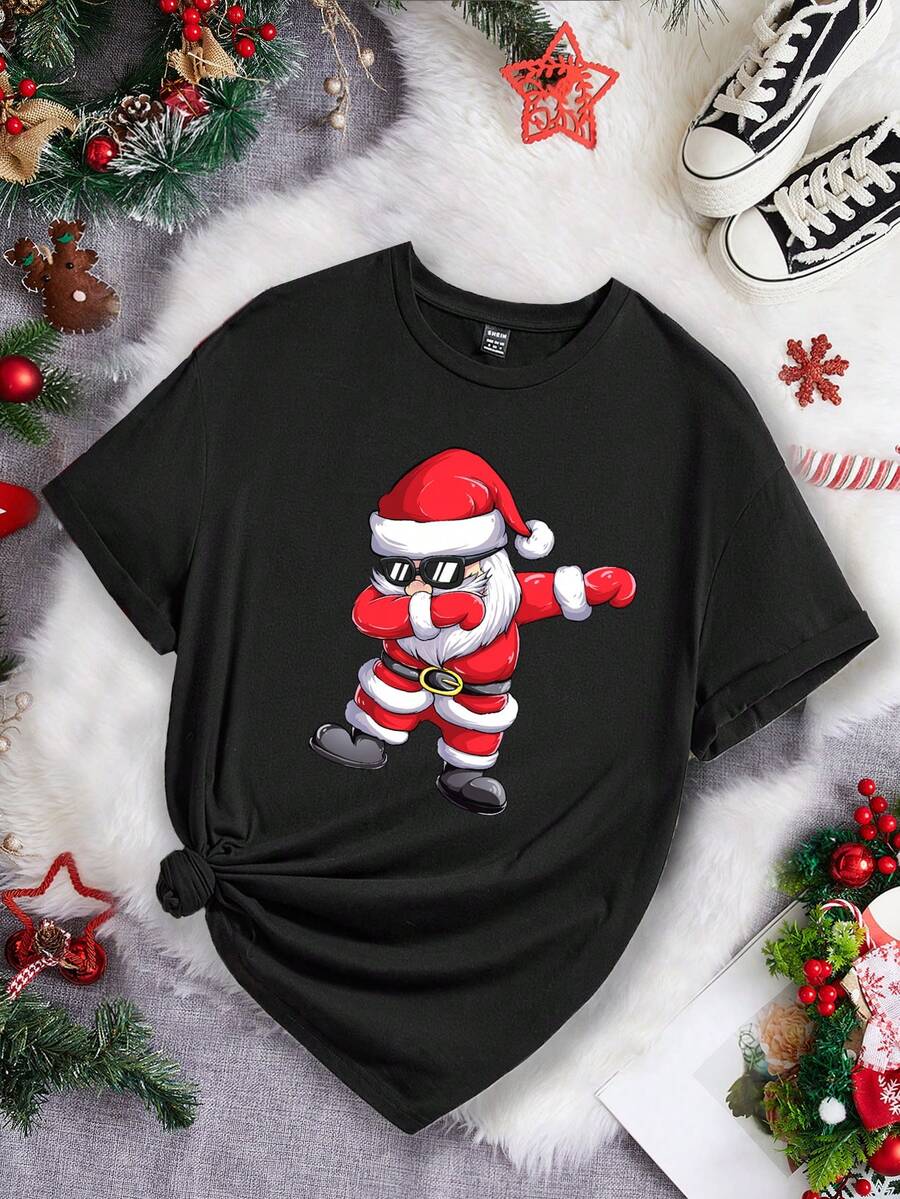 SHEIN Essnce 休闲简约圣诞圣诞老人图案修身圆领短袖 T 恤，大码女款，夏季 - 黑色 - 查看 1