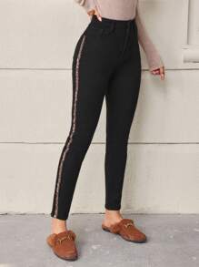 SHEIN LUNE Leopard Patchwork Side Striped Skinny Jeans - Black - View 5