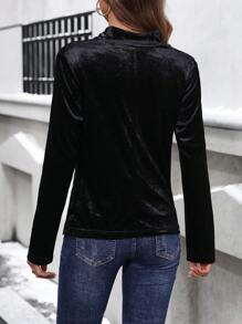 SHEIN Privé 針織高領設計的優雅天鵝絨襯衫,附帶腰帶,適合女性辦公室穿著 - 黑色 - 查看 2