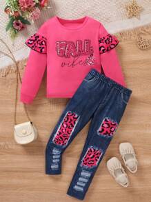 SHEIN Bộ trang phục áo tay lỡ họa tiết da báo và áo phông in chữ cho bé gái kèm quần denim - Màu Hồng Tươi - Xem 1