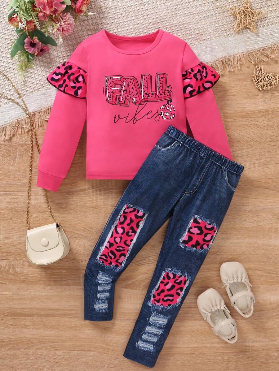 SHEIN Bộ trang phục áo tay lỡ họa tiết da báo và áo phông in chữ cho bé gái kèm quần denim - Màu Hồng Tươi - Xem 1