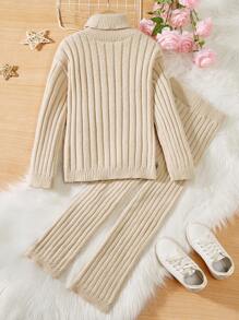 SHEIN 青少女高領下垂肩毛衣與針織長褲套裝 - 杏色 - 查看 2