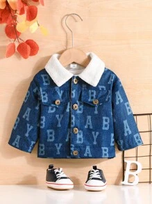 寶寶男孩字母圖案貝里絨衣領泰迪皮毛襯裡外套