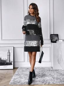 SHEIN LUNE Shiny Contrast Color Long Sleeve Dress