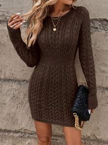 SHEIN Clasi Solid Color Knitted Sweater Dress - Coffee Brown - View 3