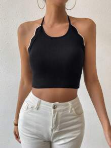 Chiquease Của phụ nữ Tương phản lột vỏ Cắt tỉa Halter Neck Dệt kim Áo - màu đen - Xem 6