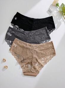 Plus Size Contrast Lace Underwear, Pack Of 3 Lingerie - Multicolor - View 2