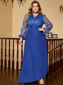Plus Contrast Sequin Lantern Sleeve Dress - Blue - View 3