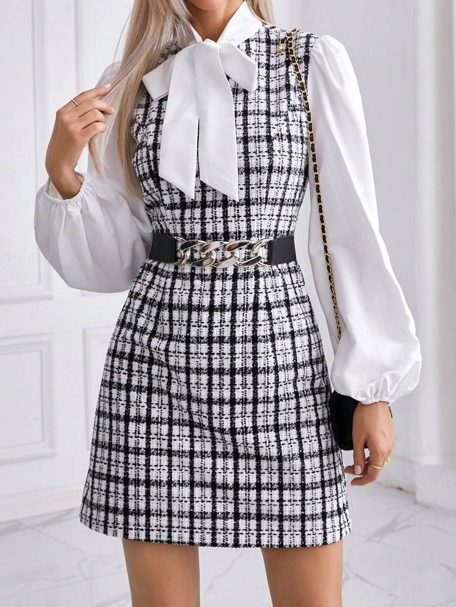 SHEIN Privé 女士方格紋領帶領口燈籠袖連衣裙,不含腰帶 - 黑與白 - 查看 1