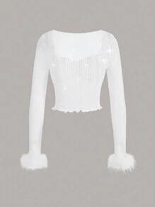 SHEIN ICON 女士荷葉邊菱形領口上衣,帶有波浪邊袖口 - 白色 - 查看 2