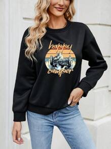 SHEIN LUNE Women's Mountain Peak And Letter Print Drop Shoulder Sweatshirt - Black - View 4