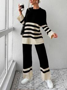 RueChic Striped Pattern Drop Shoulder Sweater & Knit Pants - Black and White - View 3