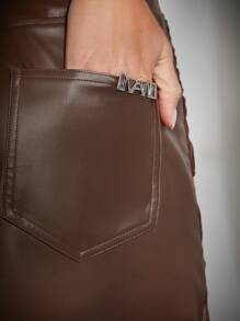 SHEIN Haute Knot Mesh Overlay PU Leather Skirt - Brown - View 3