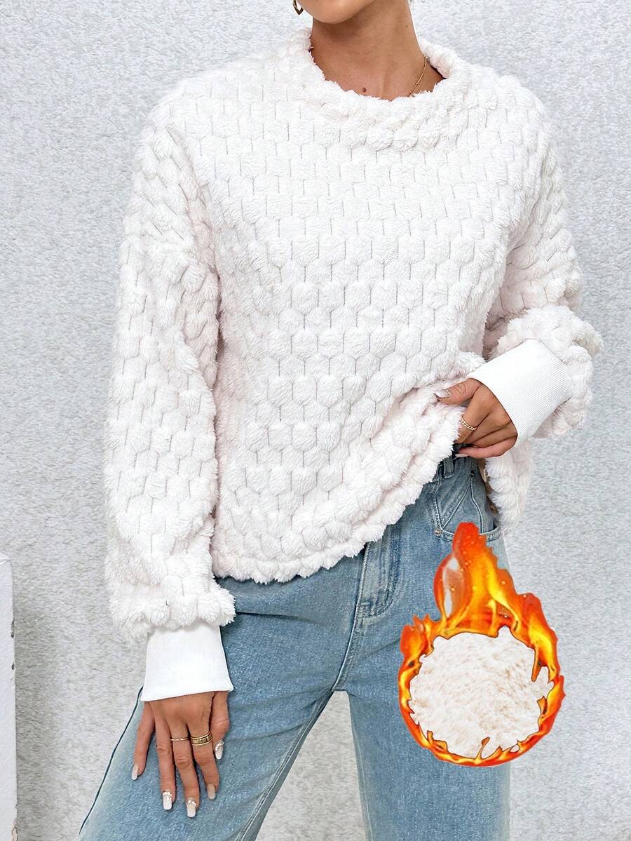 SHEIN Essnce Plush ấm áp Thả vai Áo thun - trắng - Xem 1