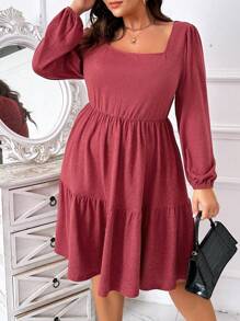 SHEIN LUNE Hơn Cổ vuông Tay áo lồng đèn Xù Hoa Sen Đầm - Đỏ - Xem 1