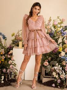 Simplee Dobby Mesh Overlay Flounce Sleeve Layered Hem Belted Dress - Dusty Pink - View 1