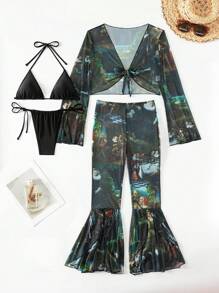 SHEIN Swim 女士油画印花比基尼套装 4 件套 夏季海滩 - 黑色 - 查看 4