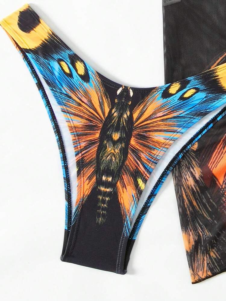 Summer Printed Triangle Bralette High Cut Bikini Set With Beach Skirt