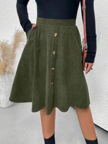 SHEIN LUNE Của phụ nữ Vải to sợi Váy chữ A - xanh quân đội - Xem 3