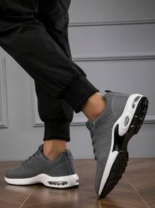 男士跑步鞋休閒舒適走路鞋,配有緩震氣墊和時尚的鞋帶綁法 - 灰色 - 查看 3