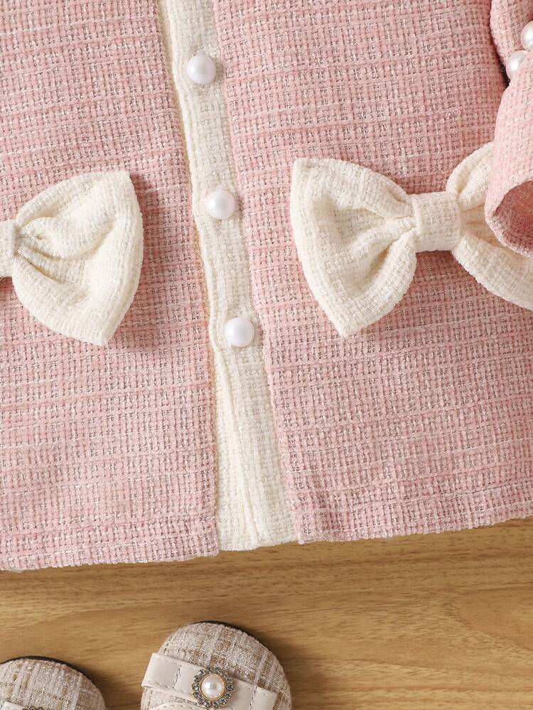 2pcs Baby Girls' Elegant Patchwork Bowknot Decor Long Sleeve Coat For Daily Wear In Autumn And Winter