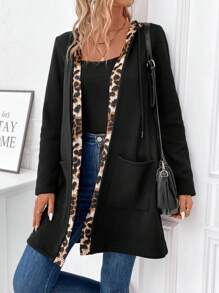 SHEIN LUNE Leopardendruck Mantel Für Damen Mit Offenem Vorderseite - Schwarz - Übersicht 5