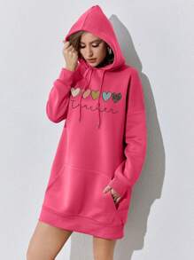 SHEIN EZwear Women's Heart Print Hoodie Dress - Hot Pink - View 4