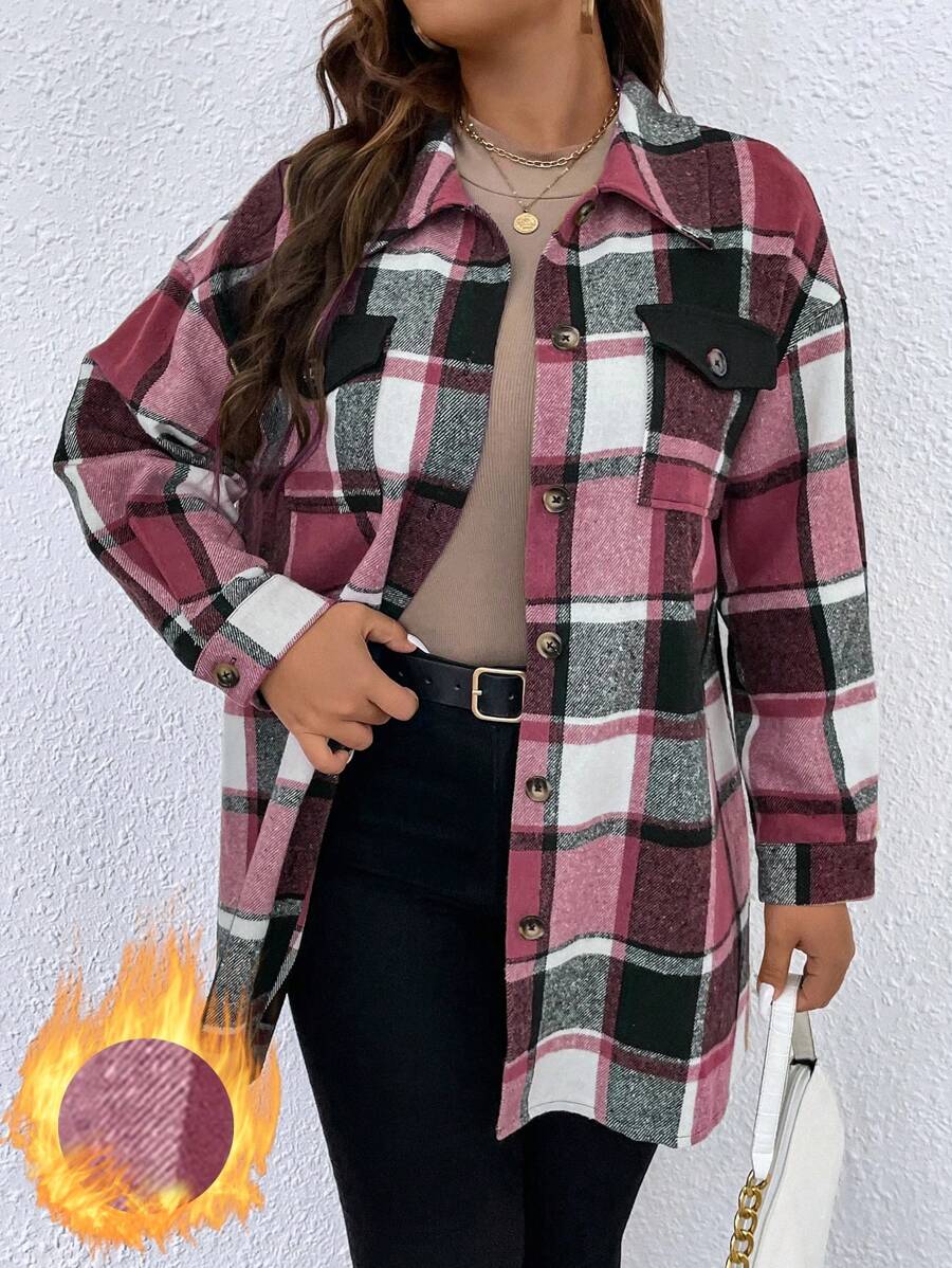 Calvaya Hơn Kẻ sọc Thả vai Túi có nắp Áo khoác - Đỏ - Xem 1