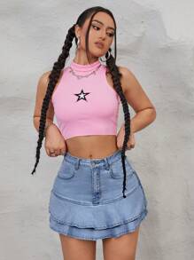 SHEIN ICON Women's Double Layer Ruffle Hem Denim Skirt - Light Wash - View 3