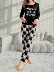 Letter Print Long Sleeve Top And Plaid Pants Pajama Set - Black - View 4