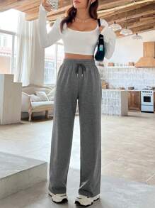 SHEIN EZwear 純色腰部束繩寬腿褲 - 深灰色 - 查看 5