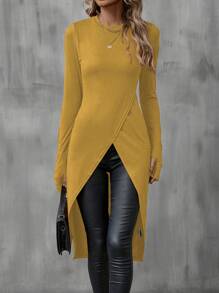 SHEIN LUNE Ladies' Wrap Style Asymmetrical Hem T-Shirt - Mustard Yellow - View 4