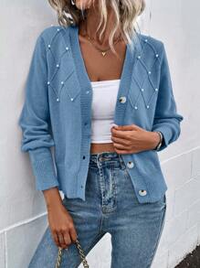 SHEIN Frenchy màu trơn Áo len Mở Với Hạt - Màu xanh bụi bặm - Xem 1