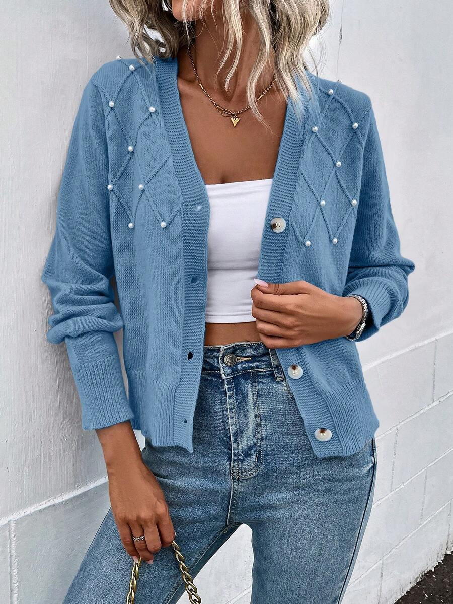 SHEIN Frenchy màu trơn Áo len Mở Với Hạt - Màu xanh bụi bặm - Xem 1